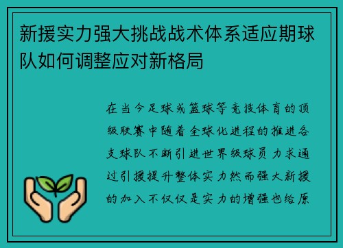 新援实力强大挑战战术体系适应期球队如何调整应对新格局