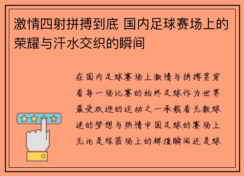 激情四射拼搏到底 国内足球赛场上的荣耀与汗水交织的瞬间