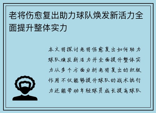 老将伤愈复出助力球队焕发新活力全面提升整体实力