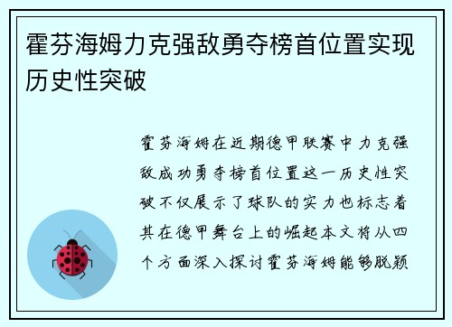 霍芬海姆力克强敌勇夺榜首位置实现历史性突破