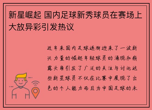 新星崛起 国内足球新秀球员在赛场上大放异彩引发热议